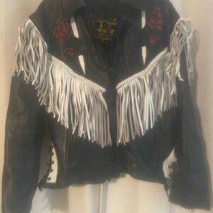 Black Leather Fringe Jacket with Red Rose Accents